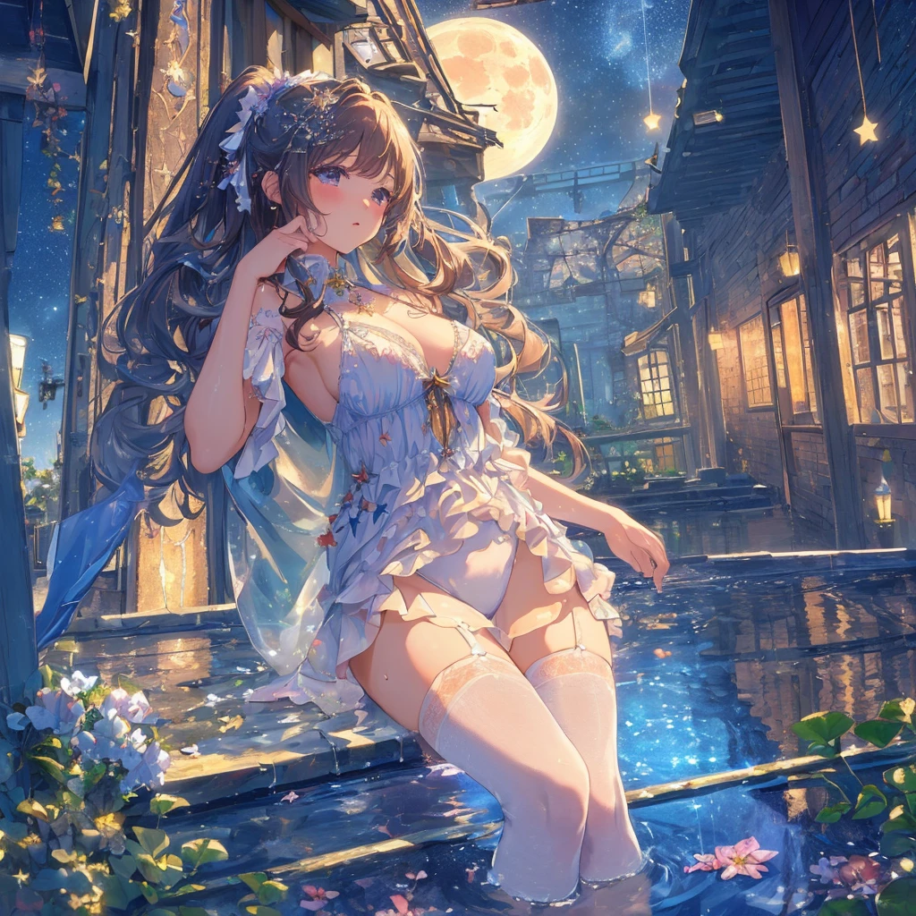 (((masterpiece, highest quality))), (((highest quality))), (((ultra-detailed))), (very delicate and beautiful)), girl praying looking up at the sky, light like in a movie, (((water pooling in an old building, reflecting starry sky))), Milky Way, (fantastic)), hanging ivy, summer, moon