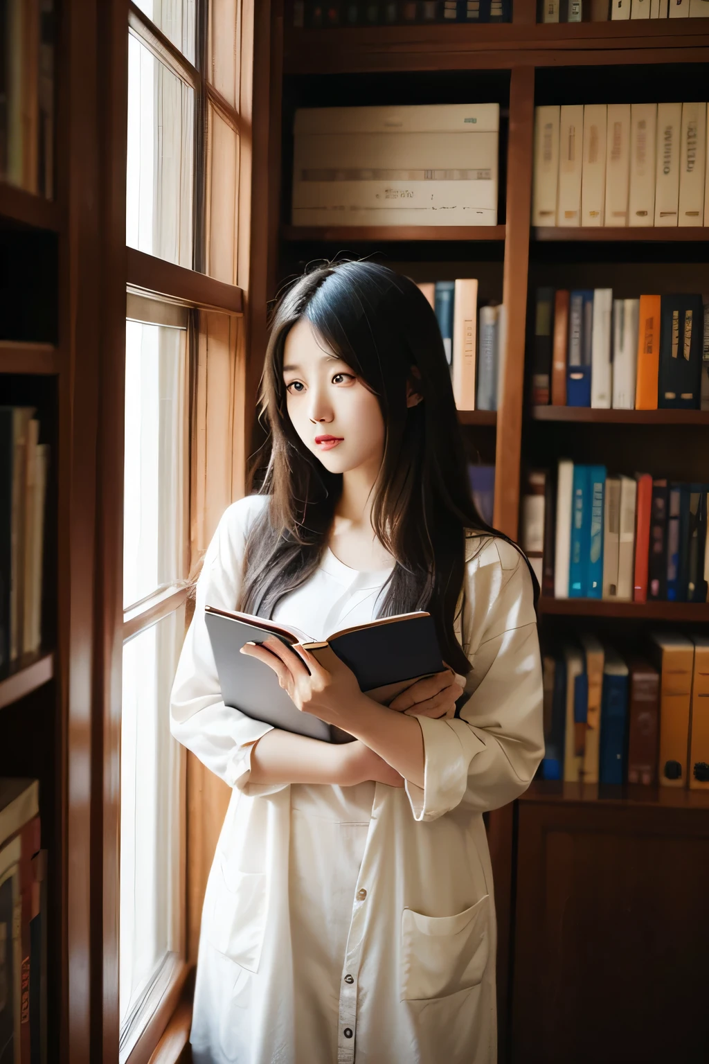 A Chinese female college student，Looks pure and cute，A man holding a book in the library late at night，lonely，melancholy expression，under dim light，Standing next to the long bookshelf