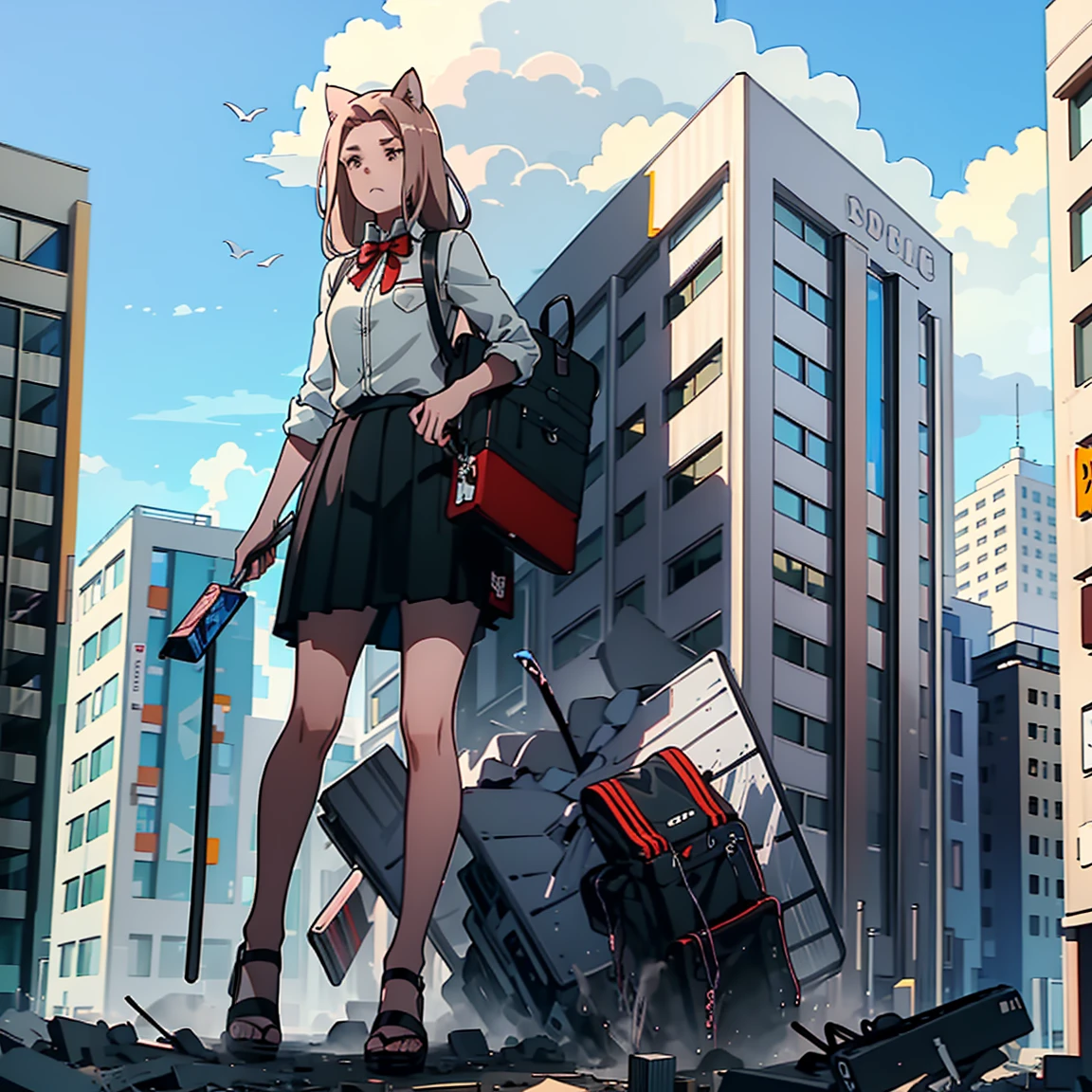 GTS, Giantess, cat ears, light frown, looking down, sky, loose shirt, skirt, blocking sun, sandals, stomping, destruction, building collapsing