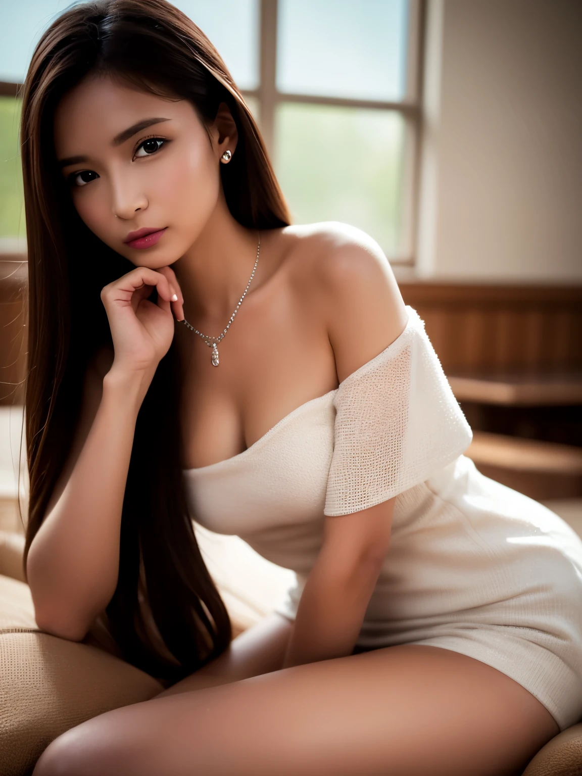 ((pretty face)), Very delicate facial,creamy ,masutepiece, 1 girl, best quality, ultra high resolution, (Photorealistic:1.4),plenty_body,,Tender Shining,Great scene lighting,(in class room), ((black off-shoulder dress)),look at the audience,necklace