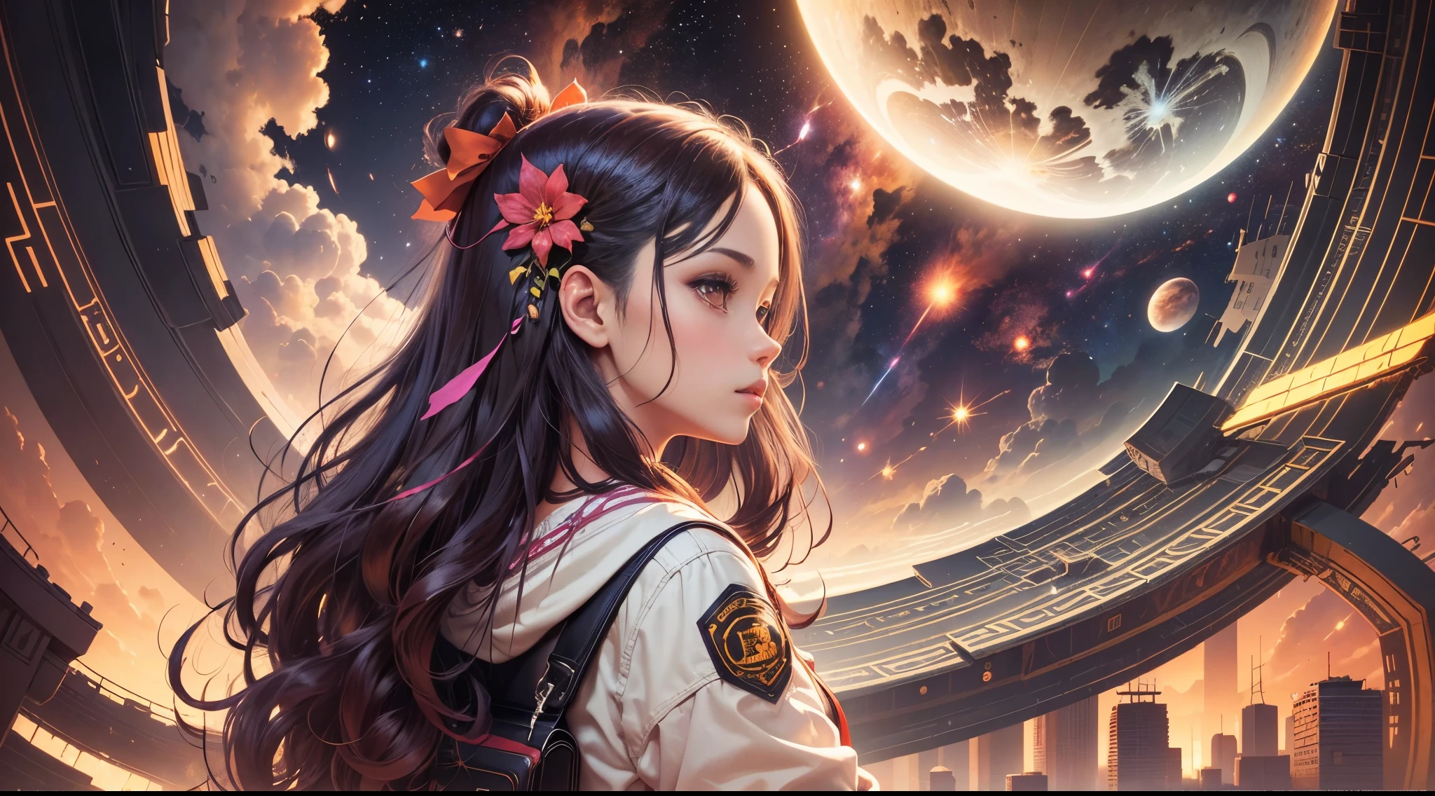 The painting depicts a scene of breathtaking magnificent spatial imagery. Girl in Pluguit rear facing, Looking at a bright red planet in space. Scenes are extremely detailed and the clarity is extraordinary, capturando cada detalhe intrincado do panorama.
