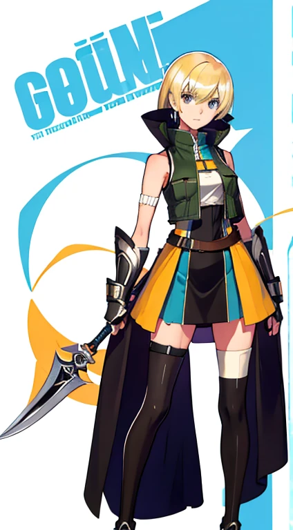 (((Best Quality))) , ((full body)), female, character design, solo, (white background), holding axe, gauntlets, waist armor, thigh high, side slit trench skirt, blue, orange, green, violet, brown, white, colorful outfit, vest, bare arms, bareback, tactical vest,