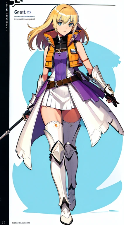 (((Best Quality))) , ((full body)), female, character design, solo, (white background), holding axe, gauntlets, waist armor, thigh high, side slit trench skirt, blue, orange, green, violet, brown, white, colorful outfit, vest, bare arms, bareback, tactical vest,