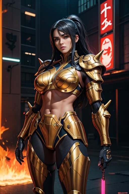 Beautiful Alluring Cyberpunk Samurai, pele nua, Well-toned athletic body, forma elegante, pele nua, Fora no Neon Palace, mal vestido, Beautiful Face, Smaurai-inspired bikini armor, mechanical limbs, Robotic parts on display, pele cromada, shiny neon pieces, japanese theme, tema cyberpunk, fiverr dnd personagem, Octane rendering, arte digital, Detalhe extremo, 4k, Ultra HD |, polido, Beautiful, hiperdetalhado, intrincado, elaborar, meticuloso, fotorrealista, foco nítido, WLOP, design de personagens, Motor irreal, Volumetric lighting, reflexions, glossy, digital illustation,  Posar, Suggestive Posar, lascivo, tiro de corpo inteiro, nu, Visible, detailed perfect hands 