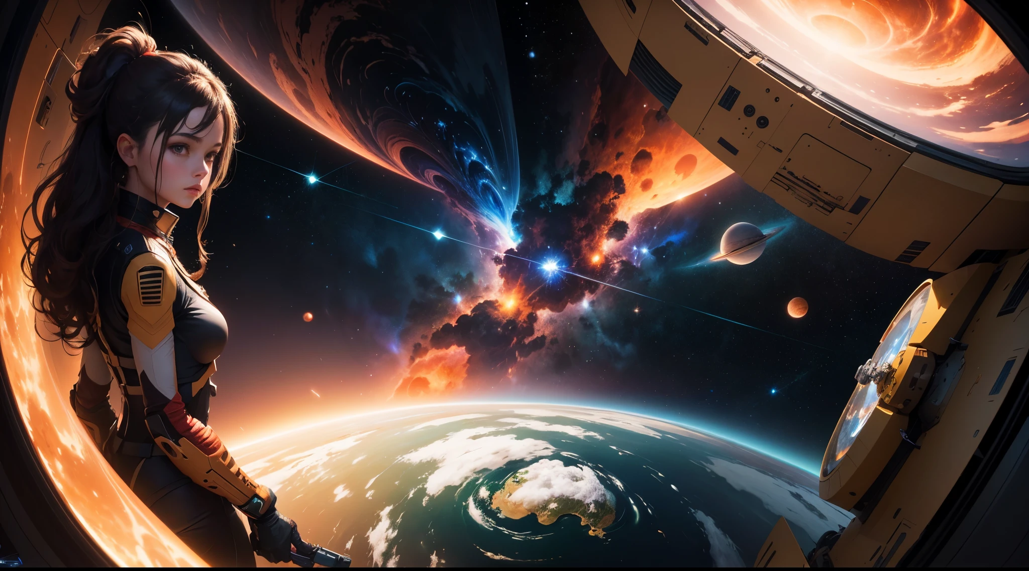 The painting depicts a scene of breathtaking magnificent spatial imagery.  Girl in Pluguit rear facing, Looking at a bright red planet in space. Scenes are extremely detailed and the clarity is extraordinary, capturando cada detalhe intrincado do panorama.