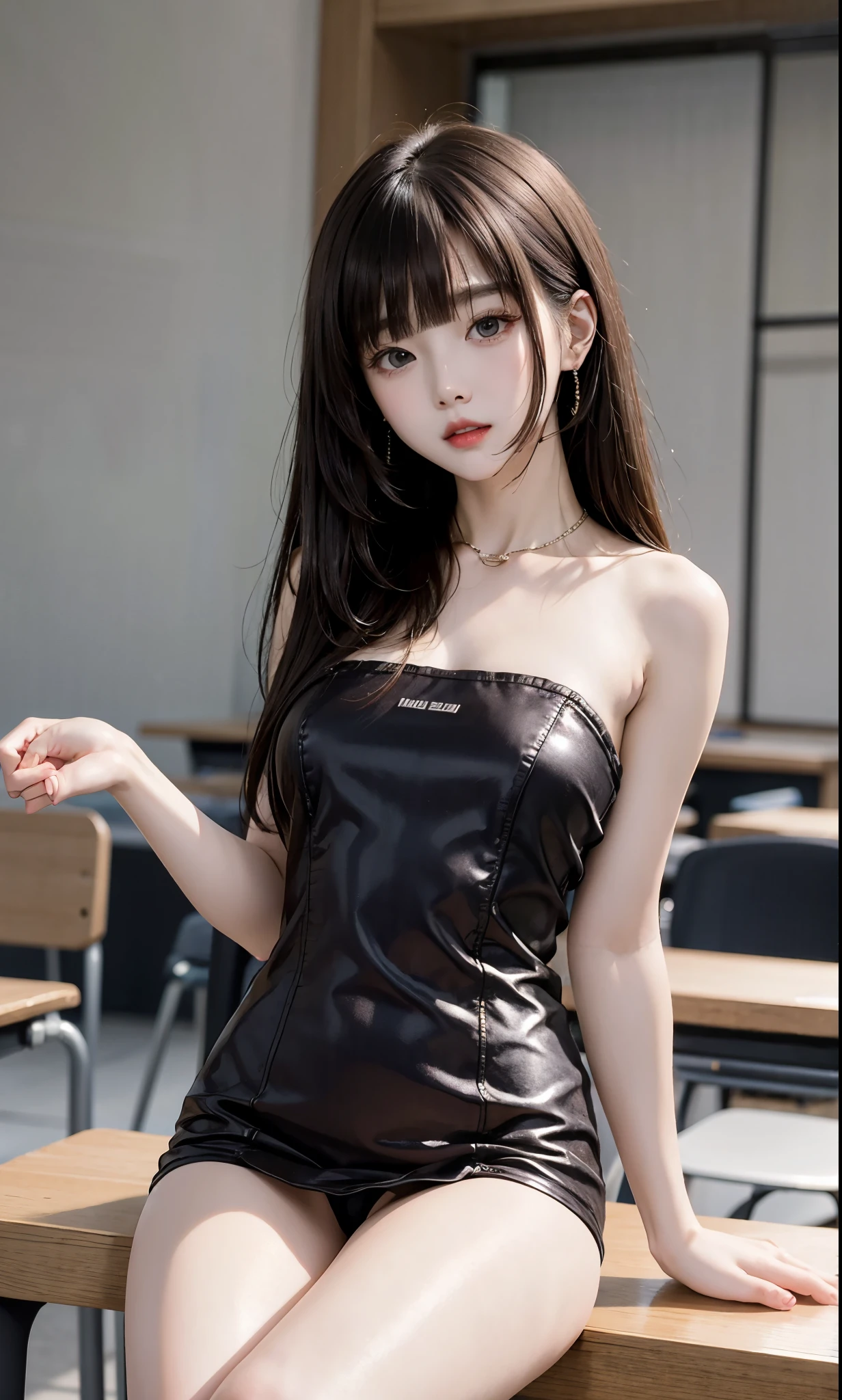 Special clothes57,dress, (knee shot), (8K, RAW photogr, lifelike:1.25),(inside a classroom, sitting on desk), a warm color palette, Color saturation, ( Gloss on lips, eyelash, Grossas, shiny skin, best quality, ultra high definition, depth of field, Color difference, Caustics, Extensive lighting, natural shadow, K-pop idol) Looking at the audience with calmness and goddess-like happiness,