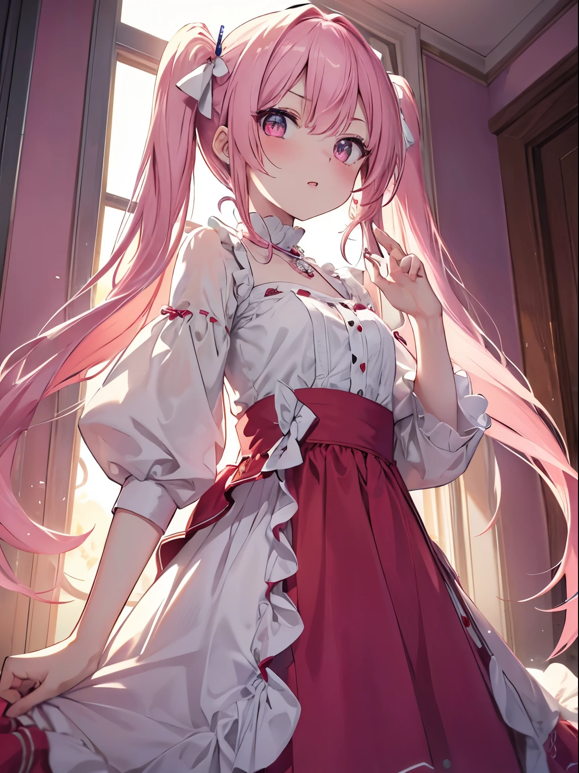 masutepiece, highest quality, (perfect face:1.1), (high detail:1.1), (ultradetailed eyes), It&#39;s dramatic,  Ultra-fine illustration, very detailed,1 girl, (white skin), Feel happy, laugh together, Enjoy, happy,open your mouth, I closed one eye,gloweyes,pinkhair, (long twin tails),Ethereal eyes, pink eye,(light eyebrow),red blush, alone,Pouty lips,cinematic lighting,watching at viewers, arched back, Raise your hands,cowboy shot,from below,long-sleeve,pink princess dress,Indoor,in the morning, Sunny,Winter background