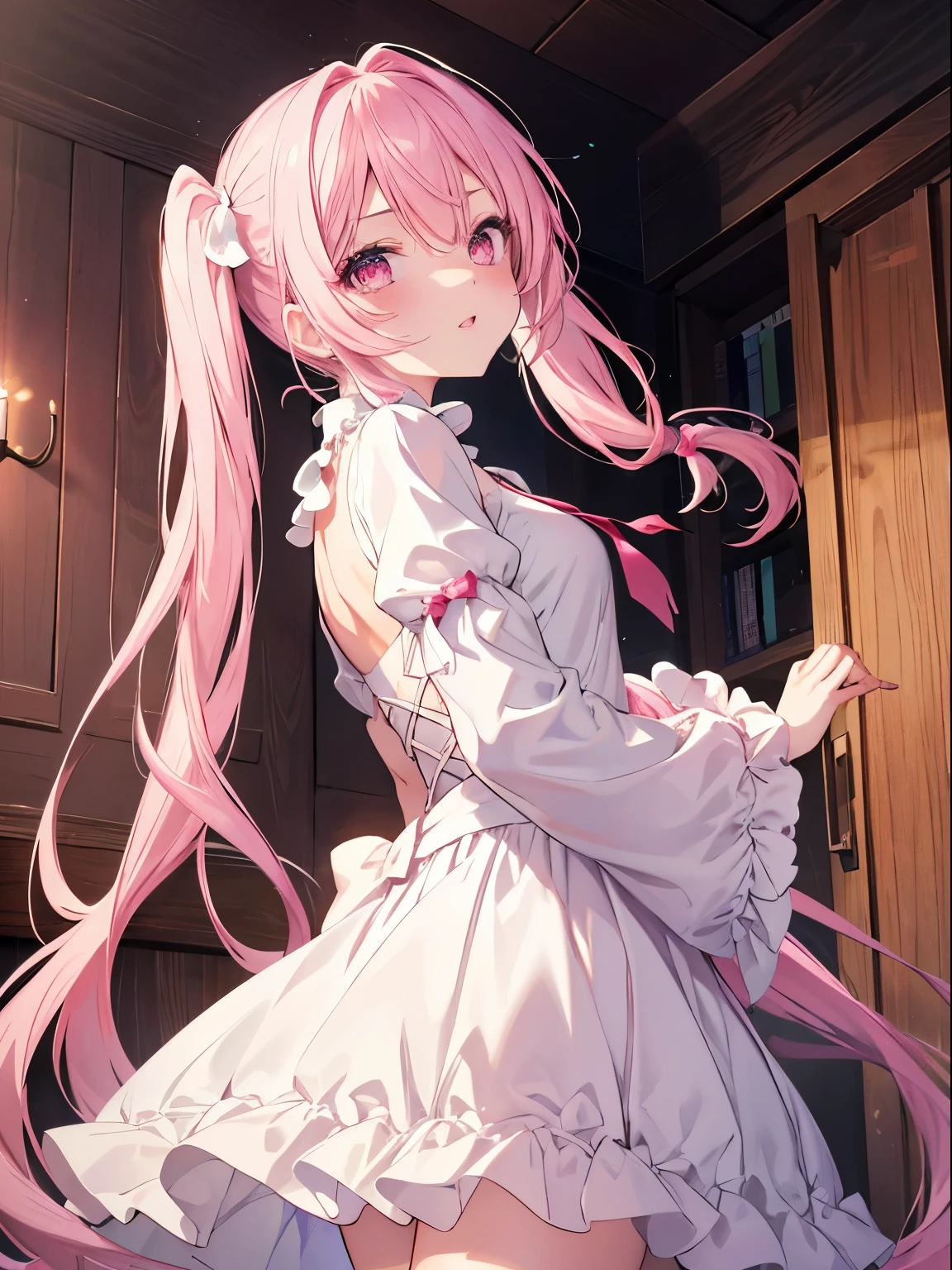masutepiece, highest quality, (perfect face:1.1), (high detail:1.1), (ultradetailed eyes), It's dramatic, Ultra-fine illustration, very detailed,1 girl, (white skin), Feel happy, laugh together, Enjoy, happy,open your mouth, I closed one eye,gloweyes,pinkhair, (long twin tails),Ethereal eyes, pink eye,(light eyebrow),red blush, alone,Pouty lips,cinematic lighting,watching at viewers, arched back, Raise your hands,cowboy shot,from below,long-sleeve,pink princess dress,Indoor,in the morning, Sunny,Winter background