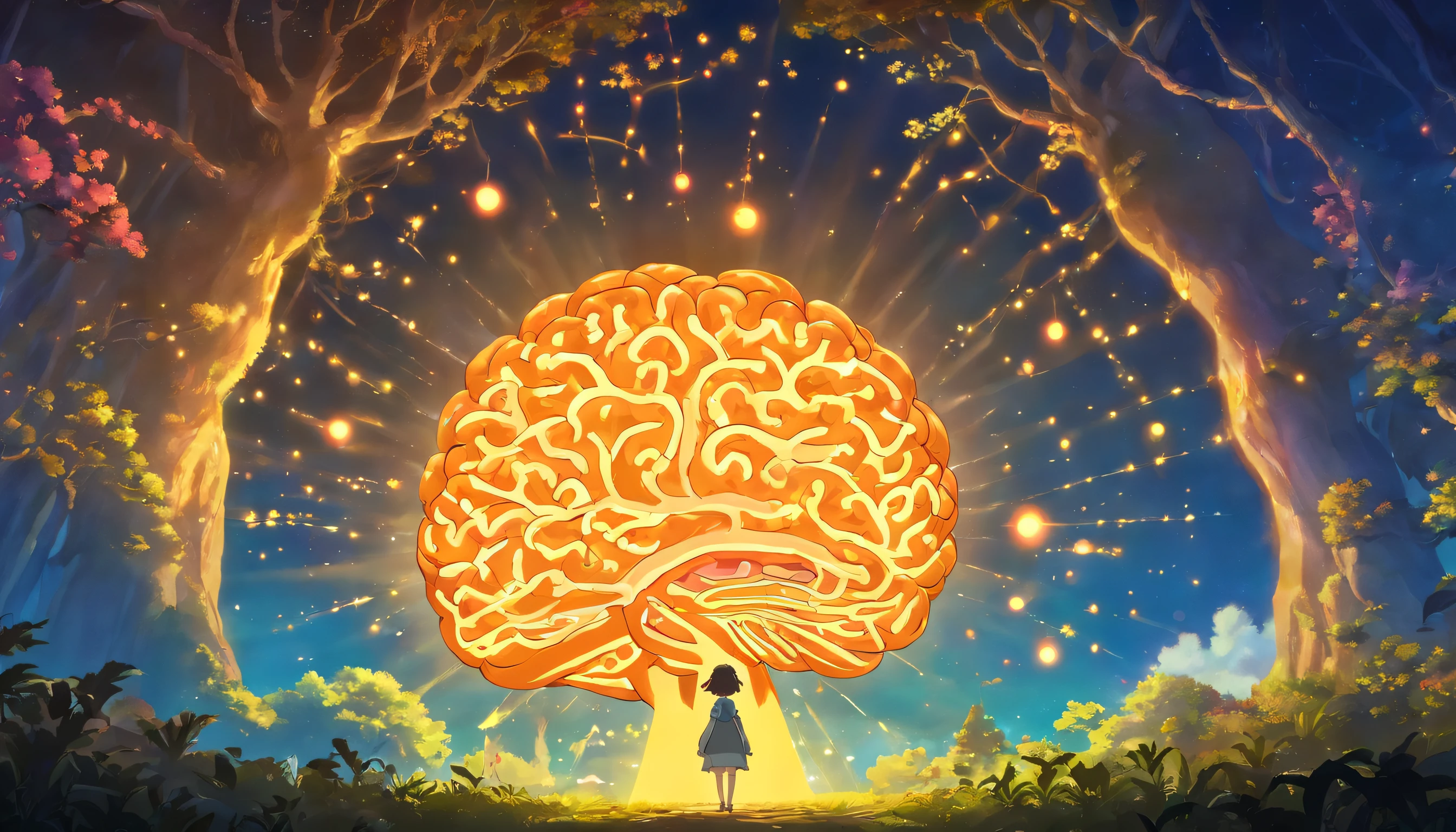 Silhouette or image of a brain with a bright dot in the center representing cognition or insight, complementado por elementos que simbolizam o conhecimento e a aprendizagem, like books or a light bulb