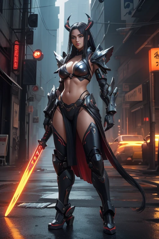 Beautiful Alluring Cyberpunk Samurai, pele nua, Well-toned athletic body, forma elegante, pele nua, Fora no Neon Palace, mal vestido, Beautiful Face, Smaurai-inspired bikini armor, mechanical limbs, Robotic parts on display, pele cromada, shiny neon pieces, japanese theme, tema cyberpunk, fiverr dnd personagem, Octane rendering, arte digital, Detalhe extremo, 4k, Ultra HD |, polido, Beautiful, hiperdetalhado, intrincado, elaborar, meticuloso, fotorrealista, foco nítido, WLOP, design de personagens, Motor irreal, Volumetric lighting, reflexions, glossy, digital illustation, Posar, Suggestive Posar, lascivo, tiro de corpo inteiro, nu, Visible, detailed perfect hands
