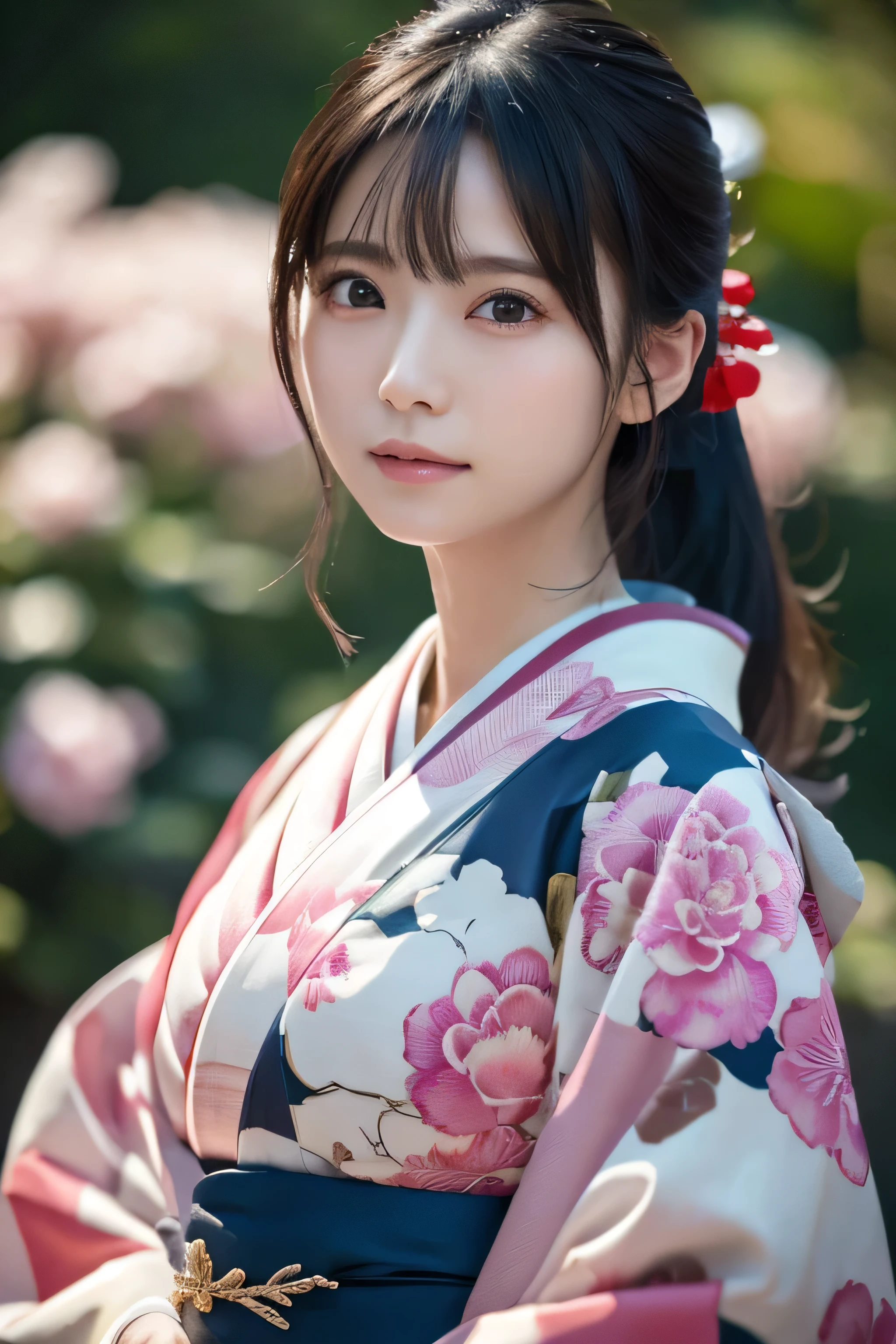 (Kimono)、((35 year old))、randome pose、(top-quality,masterpiece:1.3,超A high resolution,),(ultra-detailliert,Caustics),(Photorealsitic:1.4,RAW shooting,)Ultra-realistic capture,A highly detailed,High resolution 16K human skin close-up、 Skin texture is natural、、The skin looks healthy with an even tone、 Use natural light and color,1人,japanes,,kawaii,A dark-haired,Middle hair,,smil,,(depth of fields、chromatic abberation、、Wide range of lighting、Natural Shading、)、