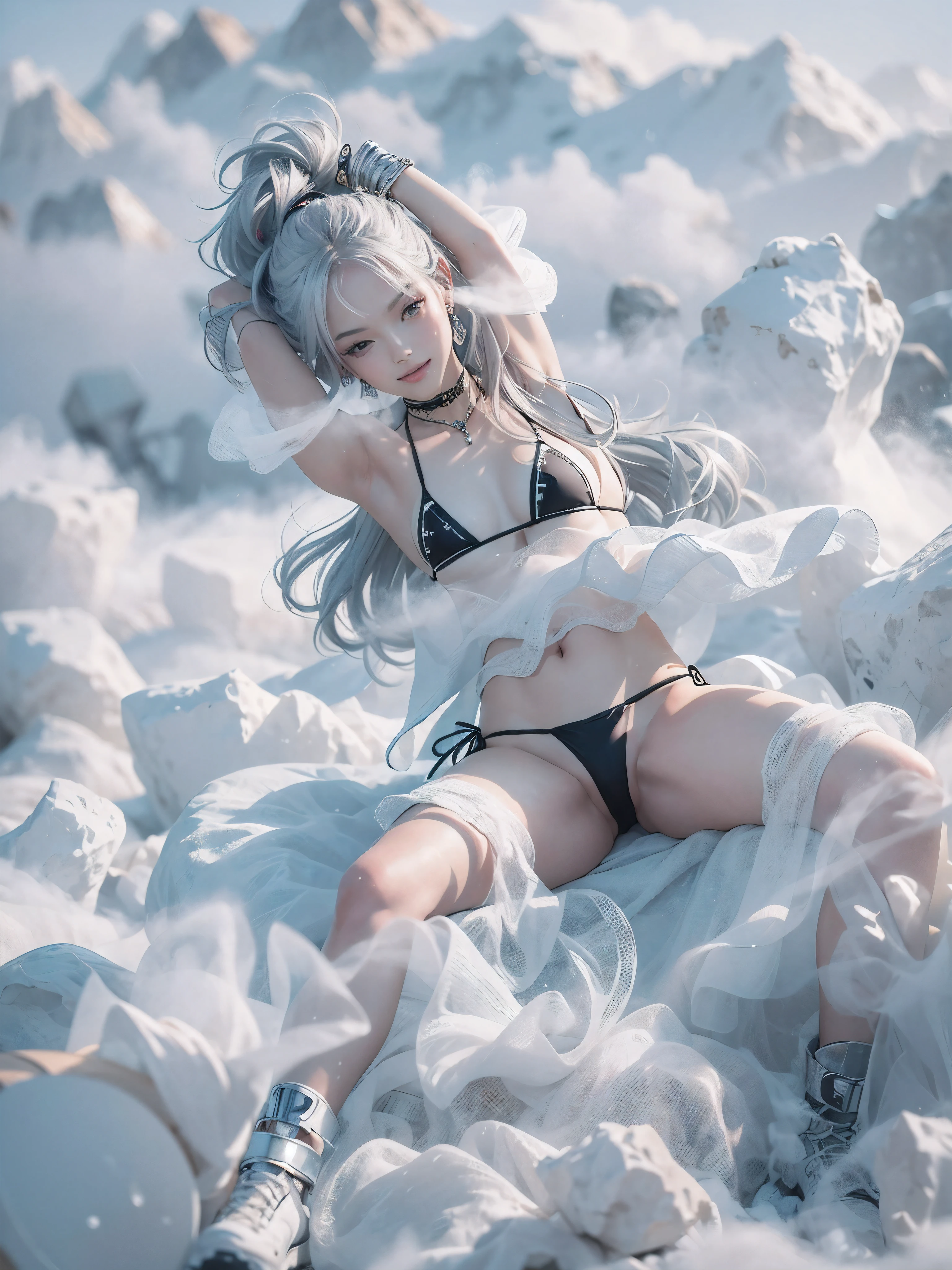 (nsfw:1.2),(Realistic:1.8), (Digital art:0.2), (Geometric art:1.7),(agpi official art, beautiful and aesthetic, ultra detailed, beautiful, masterpiece, best quality:1.6), (1girl:1.2), Detailed face, Detailed eyes, Detailed hair, young fingers, Detailed fingers, five fingers, BREAK cute ig model, Japanese cute model, 22 years old, Tightened all body, small head, small face, small mouth, diamond Face, small nose, Sharp Faceline, (dropy eyes, Double eyelid, Light color eyes, Glossy eyes, Shiny eyes:1.2), Shiny skin, shiny hair, (gray hair:1.2),
_
BREAK (happy, smile, Teeth, Glossy Lip:1.2),beautiful Teeth, (all body:1.5),
_
BREAK (geometrical pattern:1.3), (layered black micro-bikini over a white micro-bikini:1.4),(Detailed swimsuit:1.2) (black:1.2, White:0.8),
BREAK (high-tech boots-inspired sneakers),
BREAK ( silver accessories:1.2), ( large silver earrings:1.2), ( silver bracelet:1.2), ( silver anklet:1.2),
BREAK (sitting and arms behind head:1.3),
BREAK (futuristic white background),(blurry,Fog,mist:1.7),