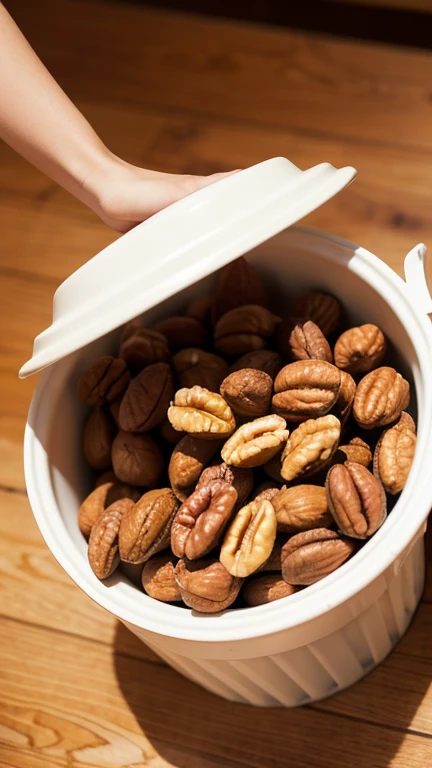 The walnut kernels fell under the table, picked them up and threw them into the bucket