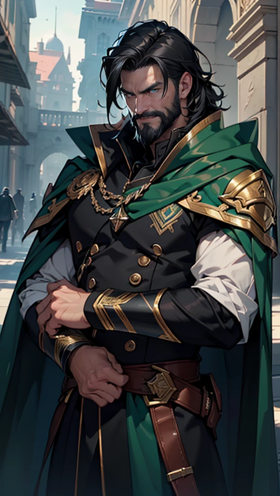 (tmasterpiece, high resolution, ultra - detailed:1.0), 1boy, Perfect male body, (General, middle-aged male:1.3, masculine face:1.3), Look at the camera, Delicate eyes and delicate face，Extremely detailed CG, Unity 8k wallpaper, Complicated details, solo person, Detailed face, (Black armor, Black hair and beard, green cloak), (frown,sinister smile), palace, color difference, Depth of field, dramatic shadow, Ray tracing, Best quality, offcial art, Portrait
