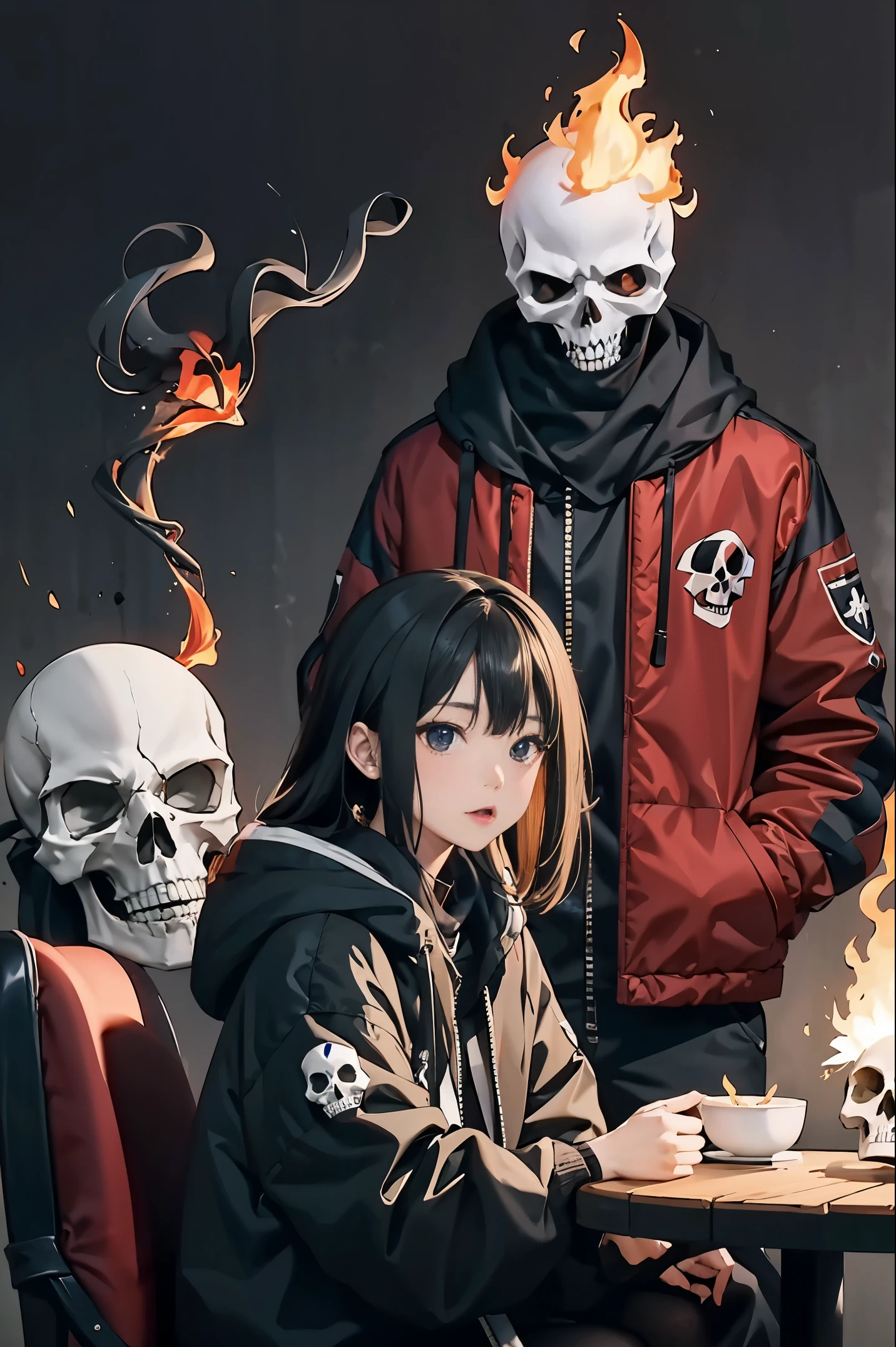 Skull 女の子1人、skull reaper、21years old、skull reapers eating fire、fire、stonelave smoke、magma、超A high resolution、