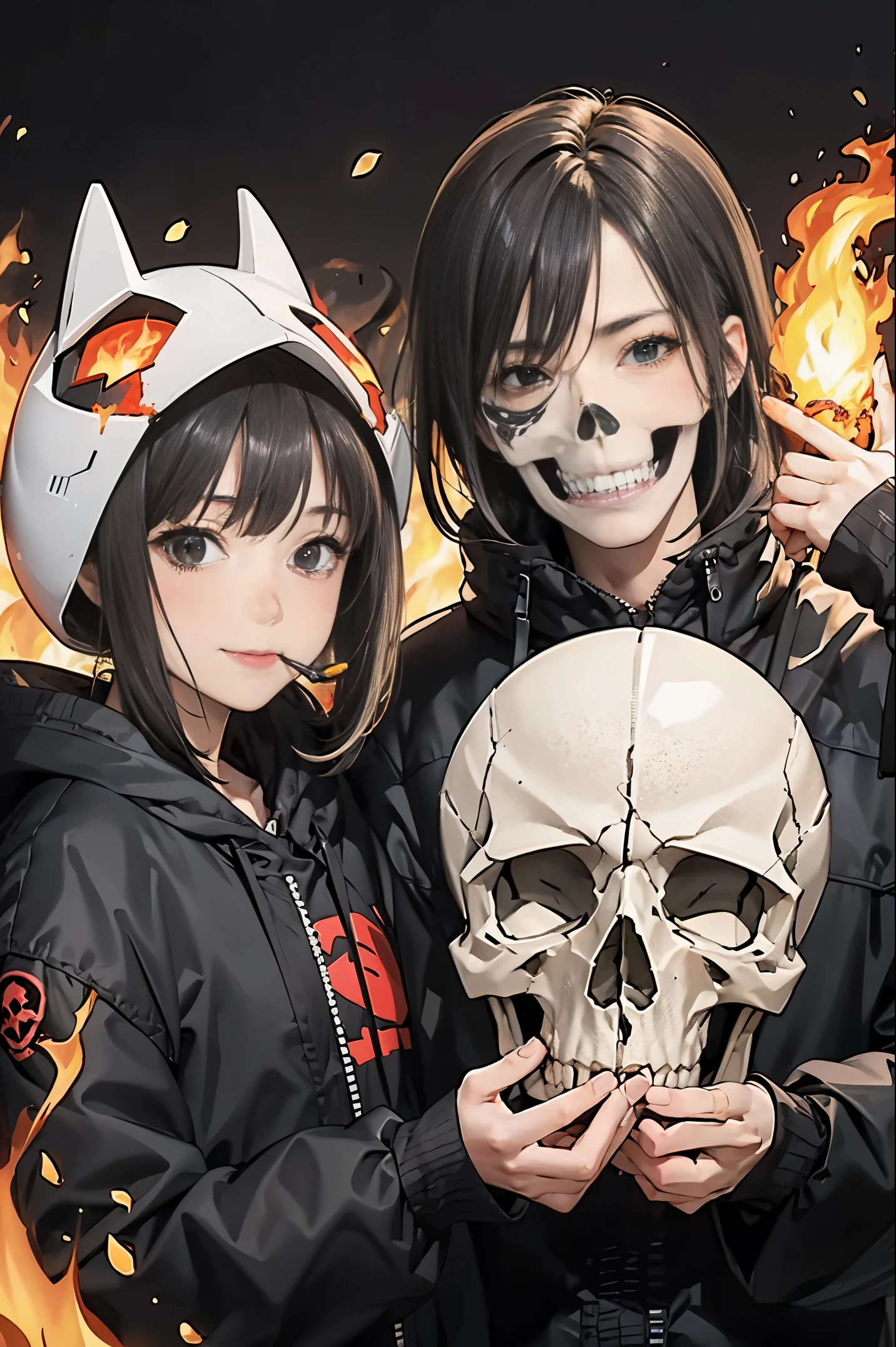 Skull 女の子1人、skull reaper、21years old、skull reapers eating fire、fire、stonelave smoke、magma、超A high resolution、