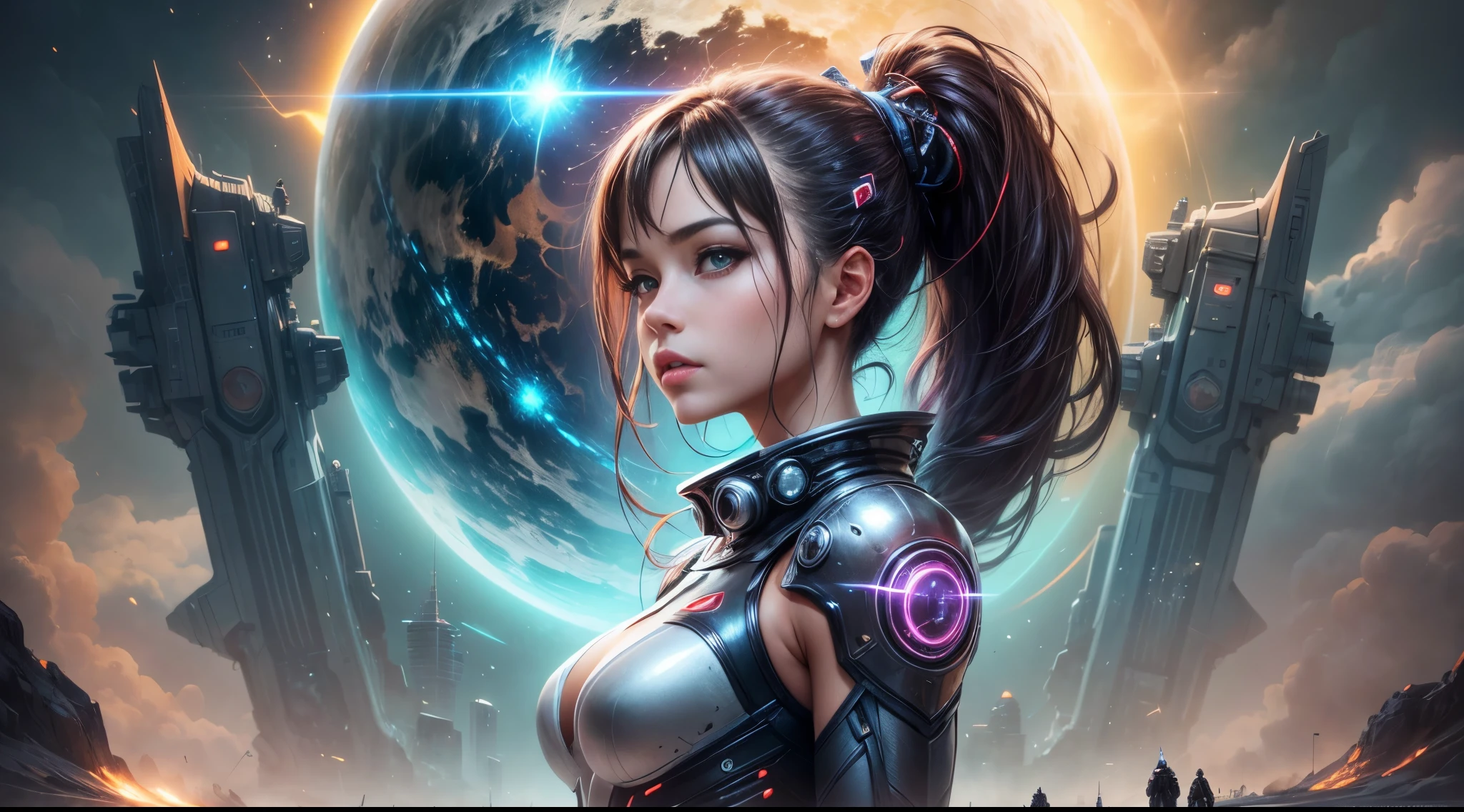 a woman in a futuristic suit standing in front of a planet, wojtek fus, beautiful sci fi art, portrait anime space cadet girl, scifi woman, cyborg goddess in cosmos, epic sci-fi character art, epic sci - fi character art, artgerm julie bell beeple, sci-fi fantasy art, dreamy cyberpunk girl, epic scifi character art