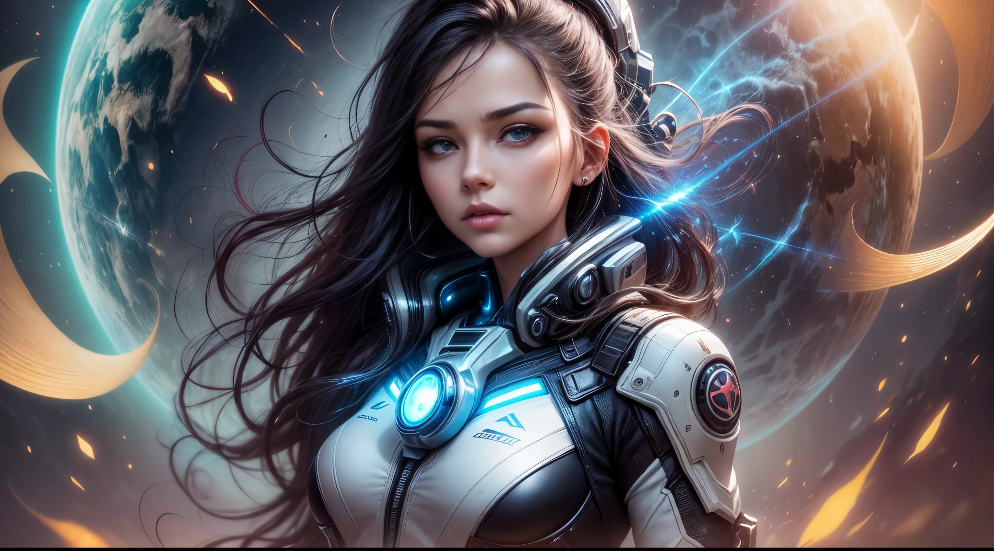 a woman in a futuristic suit standing in front of a planet, wojtek fus, beautiful sci fi art, portrait anime space cadet girl, scifi woman, cyborg goddess in cosmos, epic sci-fi character art, epic sci - fi character art, artgerm julie bell beeple, sci-fi fantasy art, dreamy cyberpunk girl, epic scifi character art