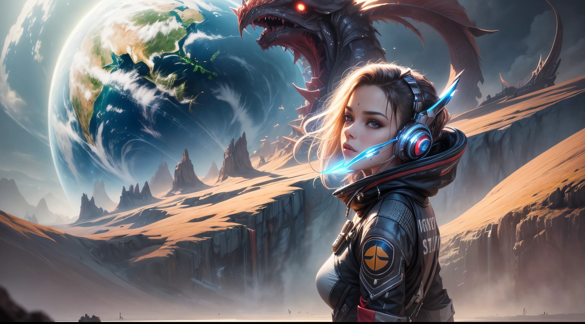 a woman in a futuristic suit standing in front of a planet, wojtek fus, beautiful sci fi art, portrait anime space cadet girl, scifi woman, cyborg goddess in cosmos, epic sci-fi character art, epic sci - fi character art, artgerm julie bell beeple, sci-fi fantasy art, dreamy cyberpunk girl, epic scifi character art