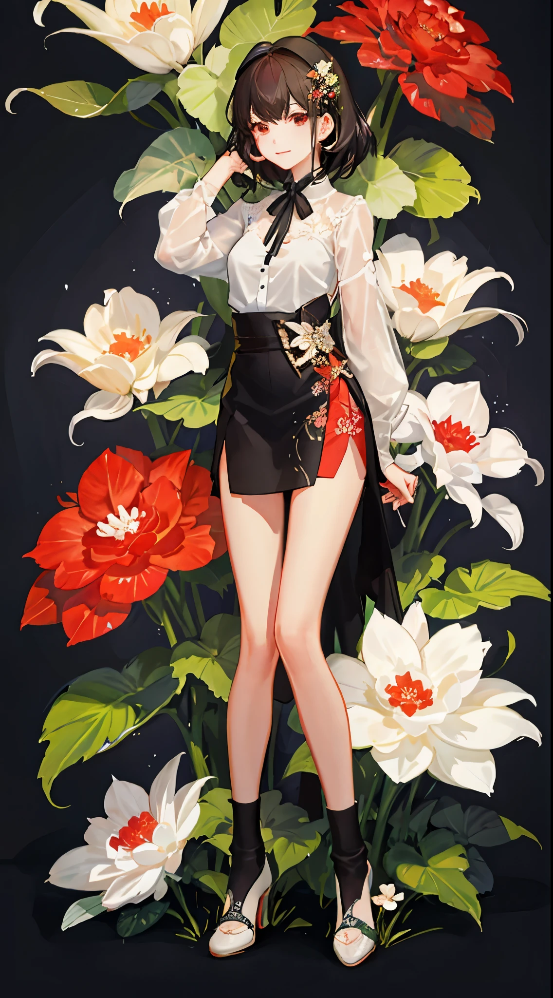 Modify the character to be more beautiful。Improved painting resolution。and replace the background with a forest of blooming trellis begonias.
