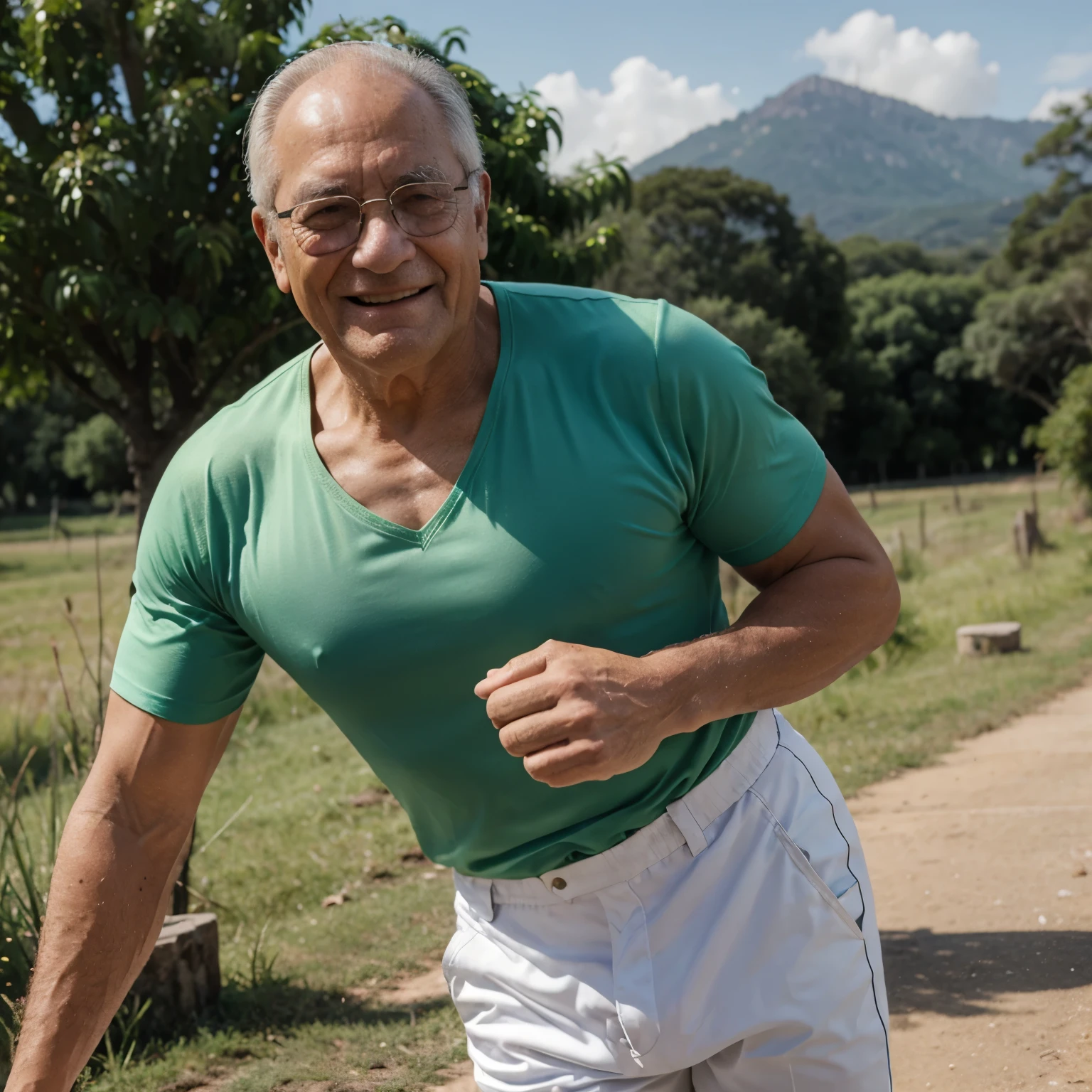 Elderly man exercising with dumbbells in hands, de barba, glasses, green shirt with white pants, sorrindo olhando para a direita num fundo de paisagem natural.