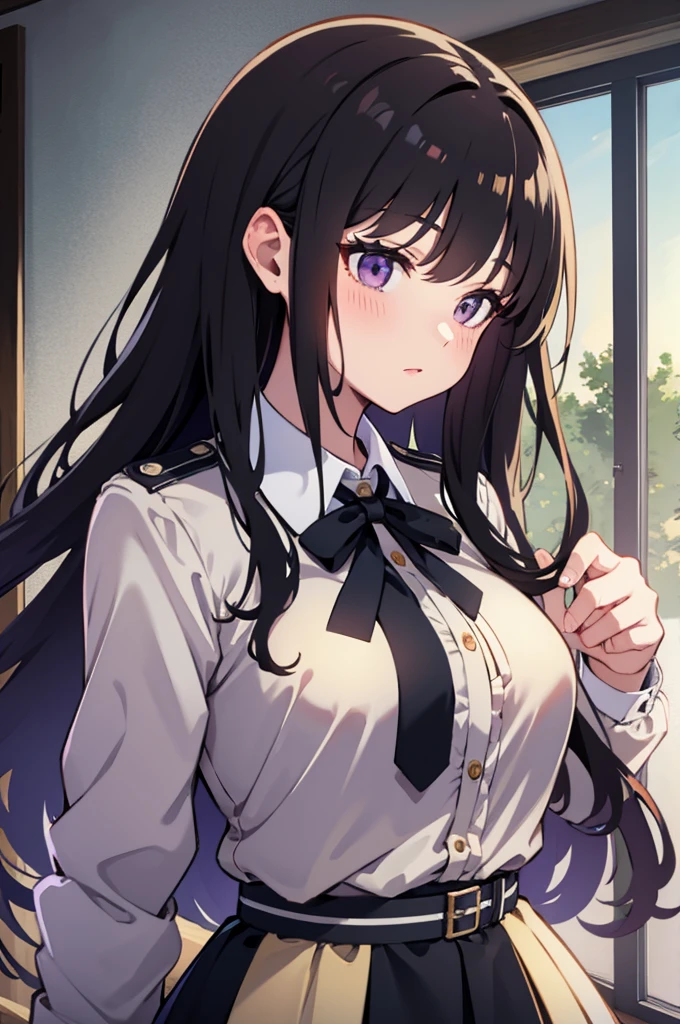 (masterpiece, best quality, highres, UHD, perfect pixel), Inoue Takina, Long hair, Bangs, Black hair, (Purple eyes:1.2), medium breasts, school class, indoor, dynamic pose, busty, perfect body, POV, close up, blushing, white shirt, long sleeve, dress, collared shirt, neck ribbon, school uniform, suit, japanese clothes, black skirt, black jacket, natural light
