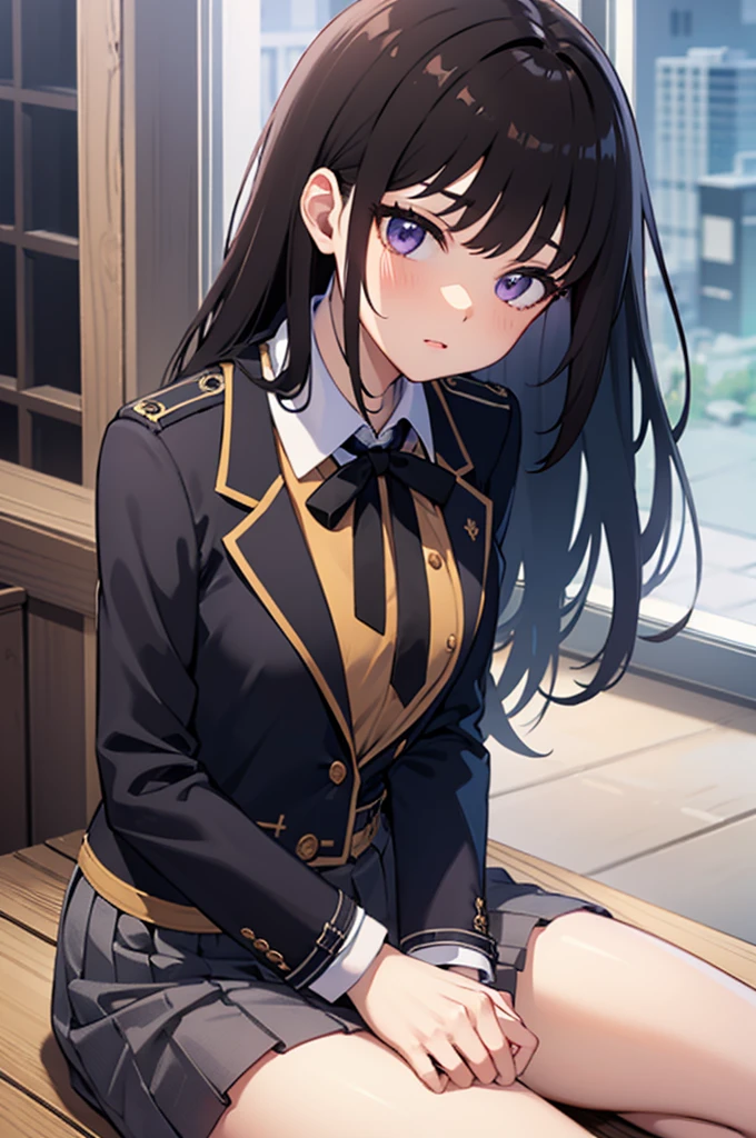 (masterpiece, best quality, highres, UHD, perfect pixel), Inoue Takina, Long hair, Bangs, Black hair, (Purple eyes:1.2), medium breasts, school class, indoor, dynamic pose, busty, perfect body, POV, close up, blushing, white shirt, long sleeve, dress, collared shirt, neck ribbon, school uniform, suit, japanese clothes, black skirt, black jacket, natural light
