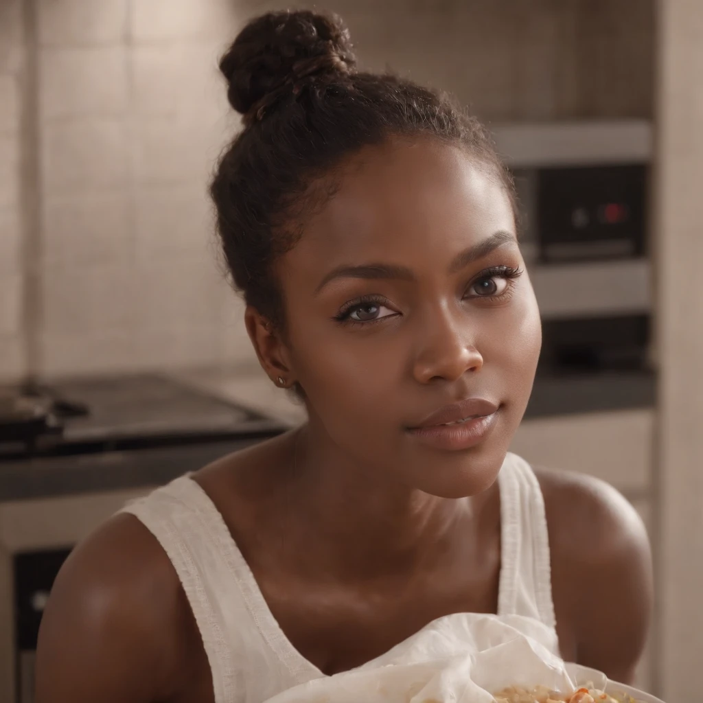 ((Dark African skin, Very deep ebony skin)), ((Its beauty undeniable)), ((Excited cute face)), ((Hyper detailed perfect eyes,)), ((pose mignonne)), ((Langue sortie)), ((Seductive )), cooking, ((baggy clothes)), ((Afro ponytail with long African curly hair,)), (( peau)), ((debout, vue de face)), ((home, kitchen, cooking)), Sharp Focus CGI, photoreallistic, High detail, Realstic, Masterpiece, absurdes, Best quality, Hdr, High quality, high-definition, Extremely detailed, 8k wallpaper, Intricate details, 8K UHD, Full-HD, (photo realist:1.2), contraste, intense illumination, lighting cinematic, natural lighting, veilleuse, Nuit, Illumination globale, Ambient occlusion in the kitchen, a la piscine African women、Female sexy、working 、baggy clothes in the kitchen、sodden、She's cooking