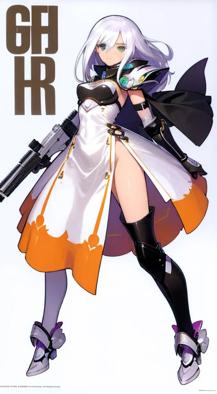(((Best Quality))) , ((full body)), female, character design, solo, (white background), holding weapon, gloves, waist armor, thigh high, side slit trench skirt, blue, orange, green, violet, brown, white, colorful outfit, vest, bare arms, bareback, tactical vest, Bust Bodice,