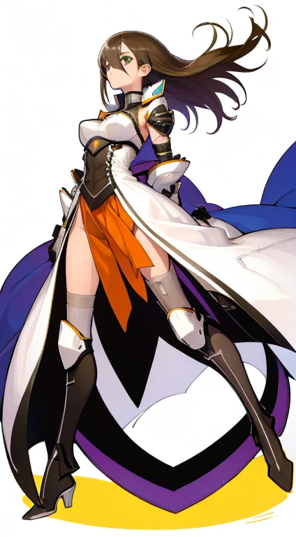 (((Best Quality))) , ((full body)), female, character design, solo, (white background), holding weapon, gloves, waist armor, thigh high, side slit trench skirt, blue, orange, green, violet, brown, white, colorful outfit, vest, bare arms, bareback, tactical vest, Bust Bodice,