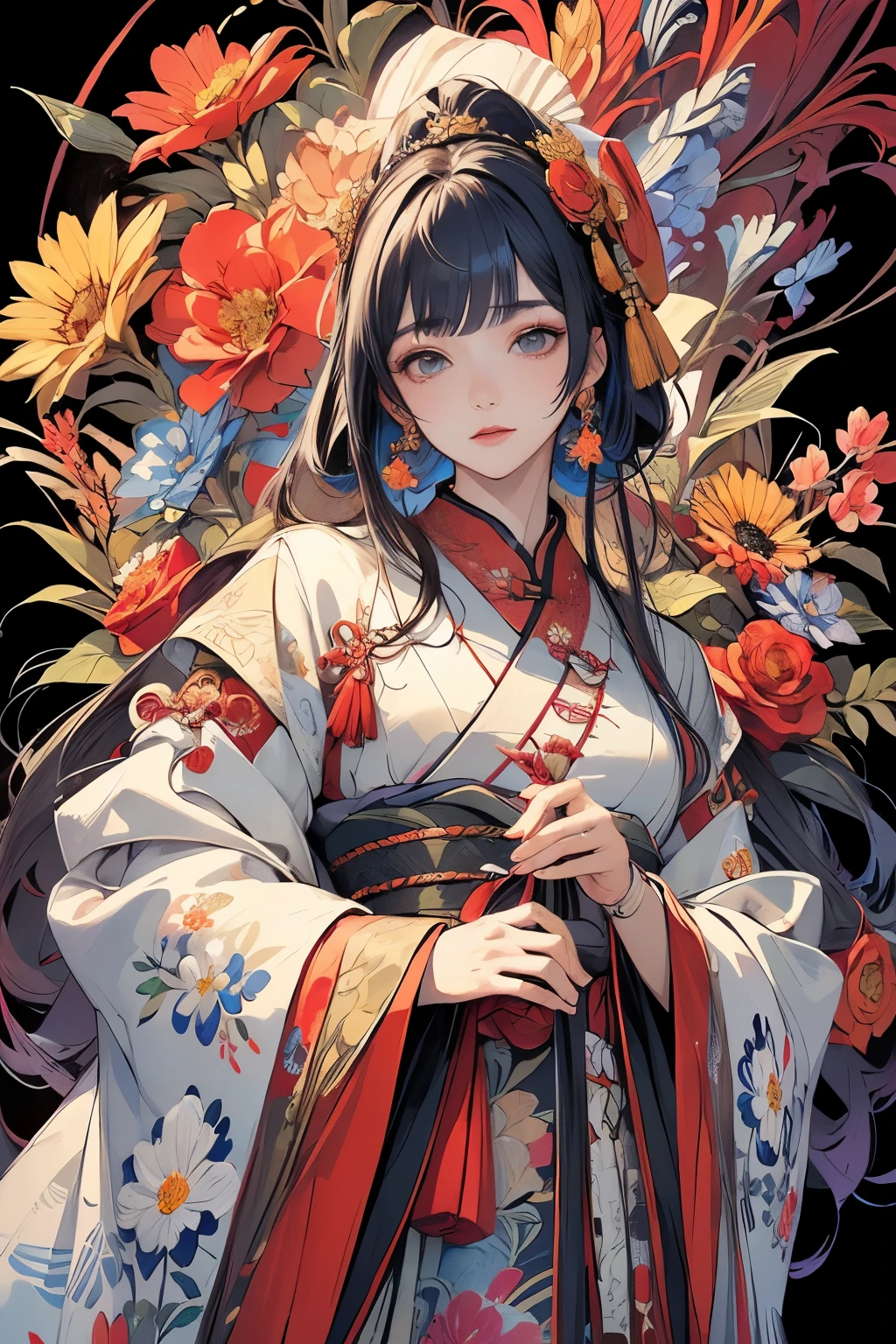 (masterpiece、highest quality、highest quality、official art、Beautifully Aesthetic:1.5)、Painterly、Sketch、Texture、ultra high resolution、solo、Beautiful woman、very detailed、(fractal art:1.1)、(colorful:1.1)(flower:1.6)、The most detailed、(Zentangle:1.2)、(dynamic pose)、(the background is abstract:1.3)、(shiny skin)、(Many colors:0.8)、(earrings:1.4)、(pluma:0.9)、Taisho romance