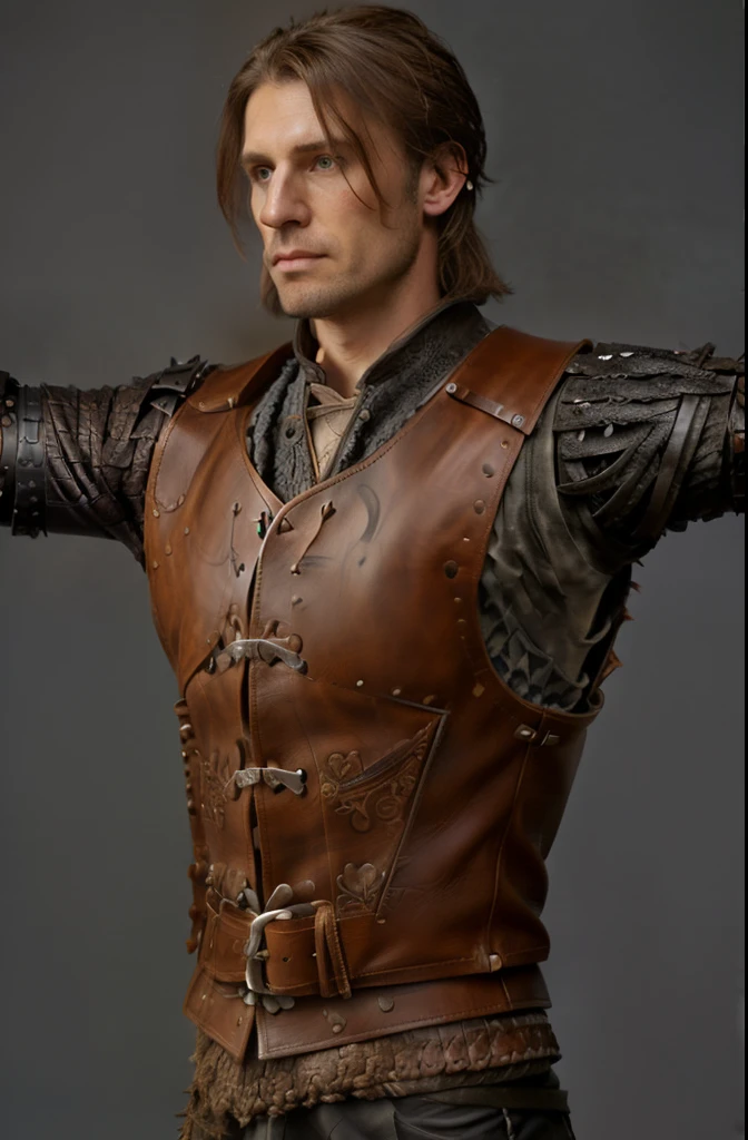 matt leather vest, man in a leather outfit with a sword, hand painted textures on model, wearing sculpted textured armor, very detailed clothing, intricate matt leather armor, wearing sculpted textured armour, tied leather armor, male plate armored chest, weared in leather armor, brown leather armor