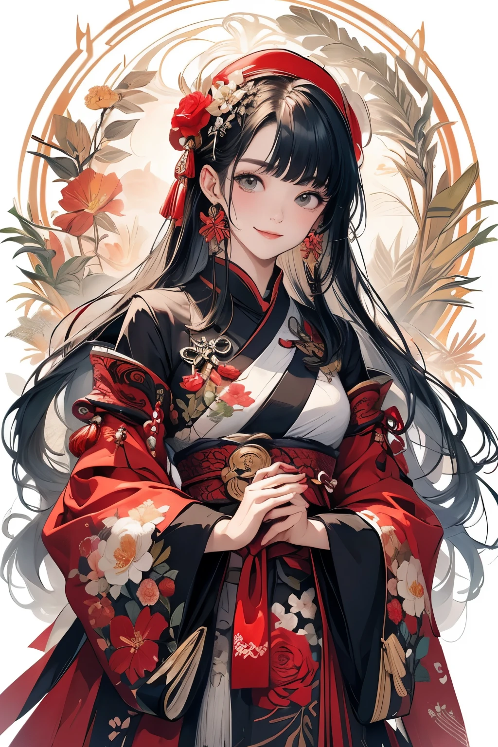 (masterpiece、highest quality、highest quality、official art、Beautifully Aesthetic:1.5)、Painterly、Sketch、Texture、ultra high resolution、solo、Beautiful woman、smile、すごくsmile、very detailed、(fractal art:1.1)、(colorful:1.1)(flower:1.6)、The most detailed、(Zentangle:1.2)、(dynamic pose)、(the background is abstract:1.3)、(shiny skin)、(Many colors:0.8)、(earrings:1.4)、(pluma:0.9)、Taisho romance