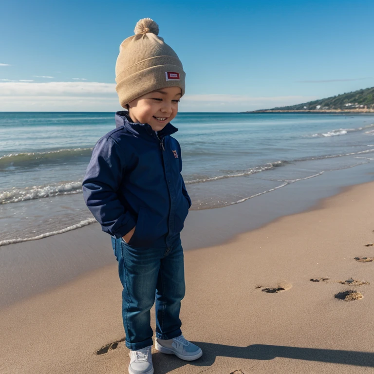 ((masterpiece)),(((bestquality))),((ultra-detailed)),1boy, , solo, standing, smile, deep dimple on right cheek, wearing beanie, dutch angle, closed mouth, looking away, outdoors beach.