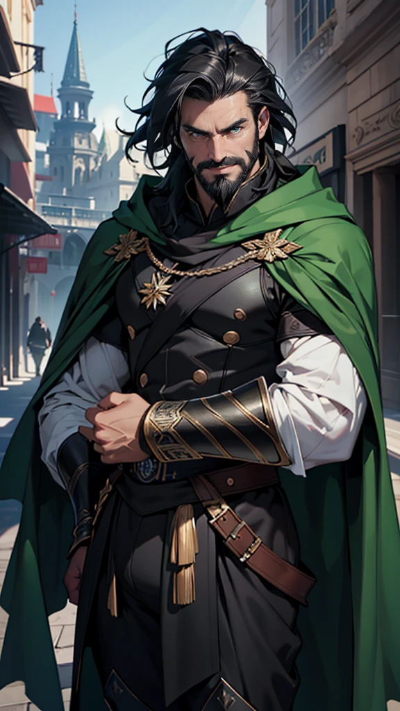 (tmasterpiece, high resolution, ultra - detailed:1.0), 1boy, Perfect male body, (General, middle-aged male:1.3, masculine face:1.3), Look at the camera, Delicate eyes and delicate face,Extremely detailed CG, Unity 8k wallpaper, Complicated details, solo person, Detailed face, (Black armor, Black hair and beard, green cloak), (frown,sinister smile), palace, color difference, Depth of field, dramatic shadow, Ray tracing, Best quality, offcial art, full body, all part body, big bulge, huge bulge, 