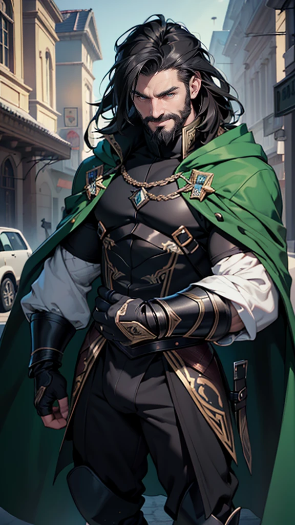 (tmasterpiece, high resolution, ultra - detailed:1.0), 1boy, Perfect male body, (General, middle-aged male:1.3, masculine face:1.3), Look at the camera, Delicate eyes and delicate face,Extremely detailed CG, Unity 8k wallpaper, Complicated details, solo person, Detailed face, (Black armor, Black hair and beard, green cloak), (frown,sinister smile), palace, color difference, Depth of field, dramatic shadow, Ray tracing, Best quality, offcial art, full body, all part body, big bulge, huge bulge,