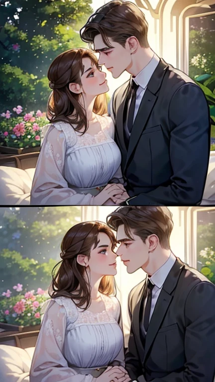 (masutepiece, Digital Art, Digital Illustration, 4K, 8K, Ultra-detailed, beautiful image, Sharp Image, Photorealistic, Raw photo, Perfect face, Perfect lines, Perfect eyes, Soft lighting) 1 woman, (lightbrown hair,Chignon Hair,Innocent look,drooping eyebrows,drooing eyes,with round face,Round jaws、Innocence,cute little,big eye,natural make up,kindly smile,E-cup,23 y-o woman:1.3),Two handsome men in suits, (ember,Men in suits,well-muscled,Firm shoulder width,  Boyish hairstyle,Man in his 30s with a cool expression,28-year-old man with bright smile:1.2),A garden full of light、lots of flower、The fountain、colorful flower light,(embarrassed from,Shy smile:1.2),Resort Sofa,the kiss、kiss、a couple、couple kissing、Romance、