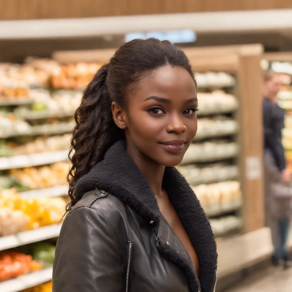 ((Dark African skin, Very deep ebony skin)), ((Its beauty undeniable)), ((Excited cute face)), ((Hyper detailed perfect eyes,)), ((pose mignonne)), ((Langue sortie)), ((Seductive )), sexy, ((black warm leather winterjacket, jeans, groceries)), ((Afro ponytail with long African curly hair)), ((debout, vue de face)), ((toucher ses propres jambes dans une pose sexy)), ((The Hague, supermarket, groceries , Ville publique, people in the background)), ((doing groceries)), Sharp Focus CGI, photoreallistic, High detail, Realstic, Masterpiece, absurdes, Best quality, Hdr, High quality, high-definition, Extremely detailed, 8k wallpaper, Intricate details, 8K UHD, Full-HD, (photo realist:1.2), contraste, intense illumination, lighting cinematic, natural lighting, veilleuse, Nuit, Illumination globale, Laughing out loud, a la piscine African women、Female sexy, the hague