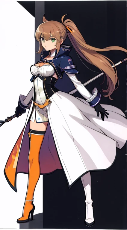 (((Best Quality))) , ((full body)), female, character design, solo, (white background), holding staff, gloves, thigh high, side slit trench skirt, blue, orange, green, violet, brown, white, colorful outfit, bodices,