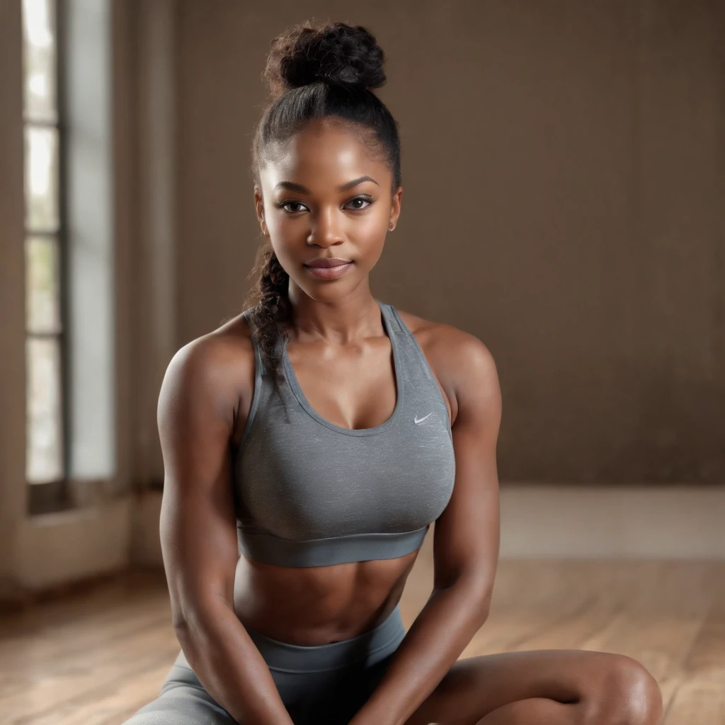 ((Dark African skin, Very deep ebony skin)), ((Its beauty undeniable)), ((Excited cute face)), ((Hyper detailed perfect eyes,)), ((pose mignonne)), ((Langue sortie)), ((Seductive )), sexy, (( tight yoga clothes)), ((Afro ponytail with long African curly hair,)), (( peau)), ((debout, vue de face)), ((toucher ses propres jambes dans une pose sexy)), ((yoga, sportschool)), Sharp Focus CGI, photoreallistic, High detail, Realstic, Masterpiece, absurdes, Best quality, Hdr, High quality, high-definition, Extremely detailed, 8k wallpaper, Intricate details, 8K UHD, Full-HD, (photo realist:1.2), contraste, intense illumination, lighting cinematic, natural lighting, veilleuse, Nuit, Illumination globale, Ambient occlusion at the gym, a la piscine African women、Female sexy、a smile、yoga clothes in the gym、yoga, sodden、maikurobikini、yoga pose、gazing at viewer、training gym, atlete, practice yoga, exercise