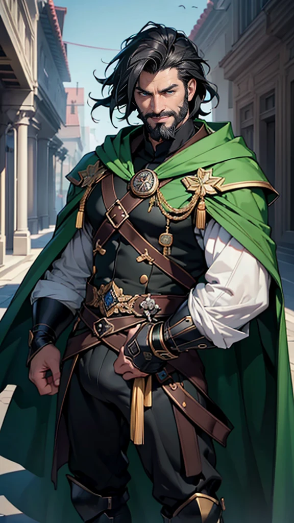 (tmasterpiece, high resolution, ultra - detailed:1.0), 1boy, Perfect male body, (General, middle-aged male:1.3, masculine face:1.3), Look at the camera, Delicate eyes and delicate face,Extremely detailed CG, Unity 8k wallpaper, Complicated details, solo person, Detailed face, (Black armor, Black hair and beard, green cloak), (frown,sinister smile), palace, color difference, Depth of field, dramatic shadow, Ray tracing, Best quality, offcial art, full body, all part body, big bulge, huge bulge,