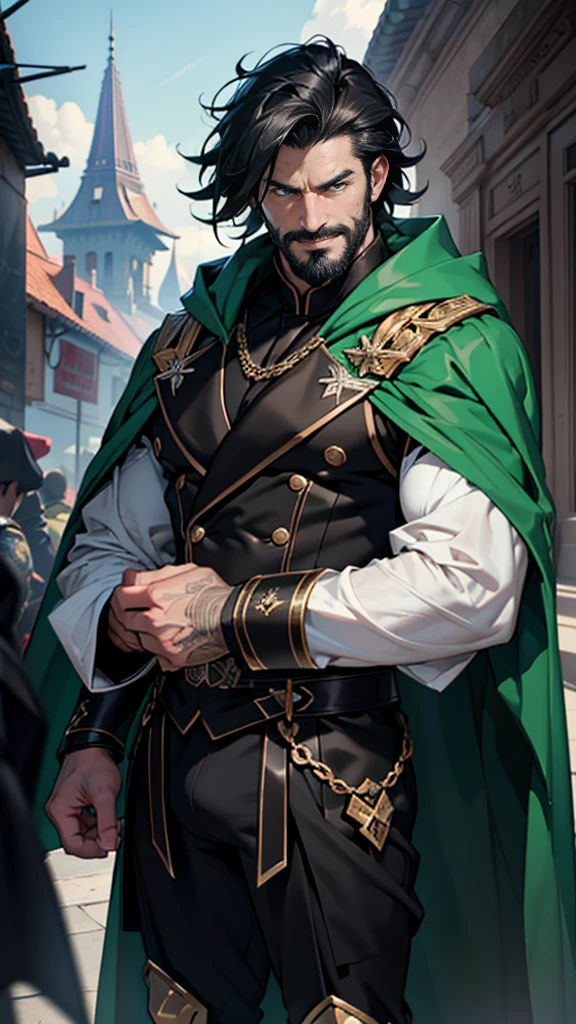 (tmasterpiece, high resolution, ultra - detailed:1.0), 1boy, Perfect male body, (General, middle-aged male:1.3, masculine face:1.3), Look at the camera, Delicate eyes and delicate face,Extremely detailed CG, Unity 8k wallpaper, Complicated details, solo person, Detailed face, (Black armor, Black hair and beard, green cloak), (frown,sinister smile), palace, color difference, Depth of field, dramatic shadow, Ray tracing, Best quality, offcial art, full body, all part body, big bulge, huge bulge,