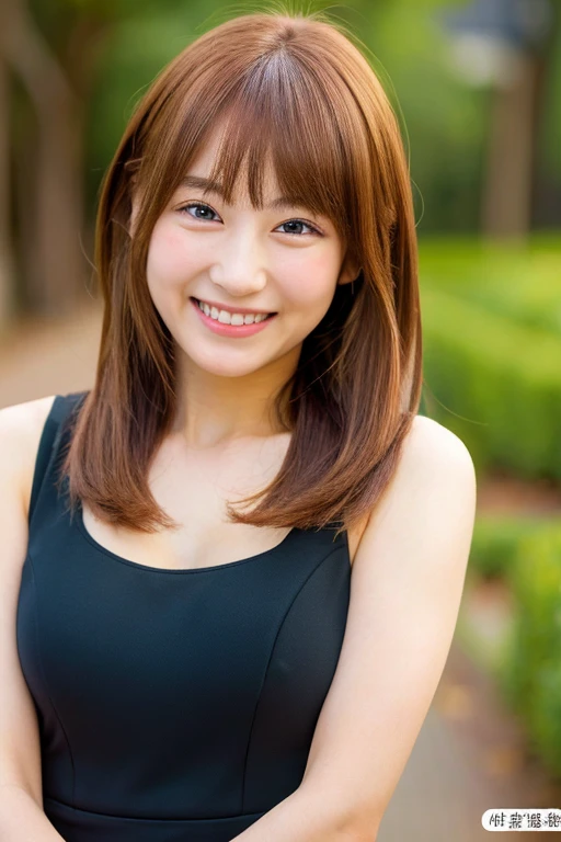 masterpiece,best quality:1.4), 4K, (high resolution, ultra high res, extreme detailed, detailed face, RAW photo:1.2),brown midi hair girl, simple_background, {{masterpiece}}, {{best quality}}, {ultra-detailed}, {{kawaii}}, cute, {lovely smile}, a cute japanese girl, {full_body}, black_dress