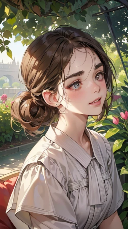 (masutepiece, Digital Art, Digital Illustration, 4K, 8K, Ultra-detailed, beautiful image, Sharp Image, Photorealistic, Raw photo, Perfect face, Perfect lines, Perfect eyes, Soft lighting) 1 woman, (lightbrown hair,Chignon Hair,Innocent look,drooping eyebrows,drooing eyes,with round face,Round jaws、Innocence,cute little,big eye,natural make up,kindly smile,E-cup,23 y-o woman:1.3),Two handsome men in suits, (ember,Men in suits,well-muscled,Firm shoulder width, Boyish hairstyle,Man in his 30s with a cool expression,28-year-old man with bright smile:1.2),A garden full of light、lots of flower、The fountain、colorful flower light,(embarrassed from,Shy smile:1.2),Resort Sofa,the kiss、kiss、a couple、couple kissing、Romance、