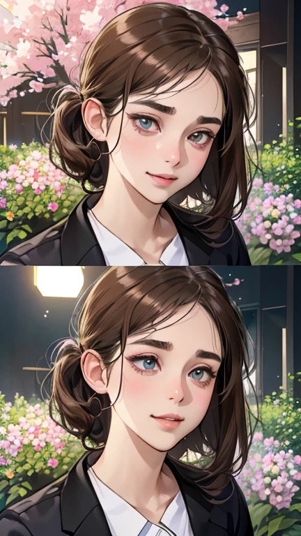 (masutepiece, Digital Art, Digital Illustration, 4K, 8K, Ultra-detailed, beautiful image, Sharp Image, Photorealistic, Raw photo, Perfect face, Perfect lines, Perfect eyes, Soft lighting) 1 woman, (lightbrown hair,Chignon Hair,Innocent look,drooping eyebrows,drooing eyes,with round face,Round jaws、Innocence,cute little,big eye,natural make up,kindly smile,E-cup,23 y-o woman:1.3),Two handsome men in suits, (ember,Men in suits,well-muscled,Firm shoulder width, Boyish hairstyle,Man in his 30s with a cool expression,28-year-old man with bright smile:1.2),A garden full of light、lots of flower、The fountain、colorful flower light,(embarrassed from,Shy smile:1.2),Resort Sofa,the kiss、kiss、a couple、couple kissing、Romance、