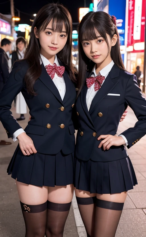 high-angle shot、Center view、Two arafe asian women in short skirts and bow ties standing on neon street in the middle of the night、Phenomenally cute schoolgirl、Japan Girl Uniform、summer clothing、Wearing Japan school uniform、Japan School Uniforms、a hyperrealistic schoolgirl、Dressed as a schoolgirl、a hyperrealistic schoolgirl、Wearing a uniform、Girl in Uniform、Wearing a uniform、Schoolgirl Pose、full body Esbian、Nice skin、glistning skin、lovely thighs、glowing thigh、Sparkling leg rack above knee socks、High School in Japan 、乃木坂アイドル、韓国アイドル、Invite you inside、Inviting eyes