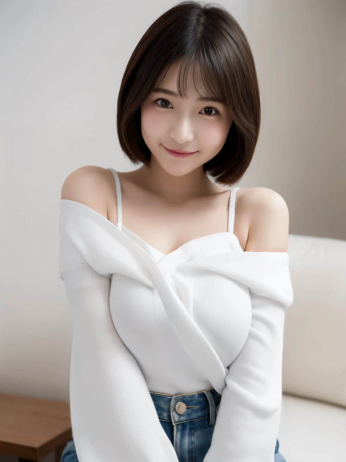 ((masterpiece)), (best quality), (detailed breasts), (1 girl), a Japanese cute girl, short hair, Odango Hair, 19 years old, **** face and big boobs, over-size shirt, white shirt, (off shoulder),arms down,Chest tightens,Elbow Squeeze, thin smile, cowboy shot