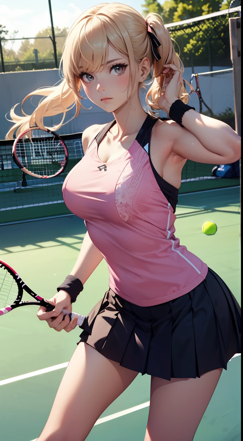 blonde long twintail hairstyle, big breasts, (((Detailed tennis wear in pink color))), (Full body Esbian)、Tennis court、ribbon、Tennis、serious face、Dynamism、tennis pro、Cool、accurate depiction、high resolution、(black detailed lace lingerie)、(I can see my panties)、detailed poses、ideal style,One racket,Ergonomically suitable,buckshot,(((Low - Angle))),lift the skirt