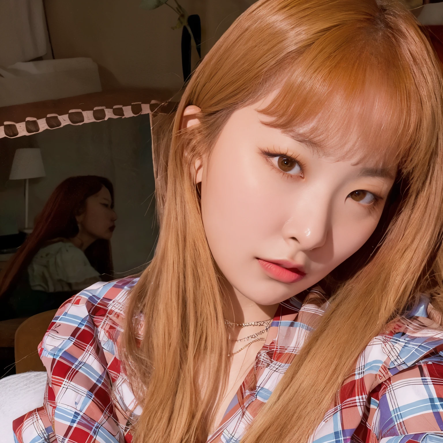 There is a woman with long red hair sitting on a bed, Lalisa Manobal, Lalisa Manoban do Blackpink, parque roseanne de blackpink, Sun Yunjoo, Com franja, O corte Hime, com franja completa, jossi do blackpink, Heonhwa Choe, portrait of jossi do blackpink, Asuka, Parque Ji-min