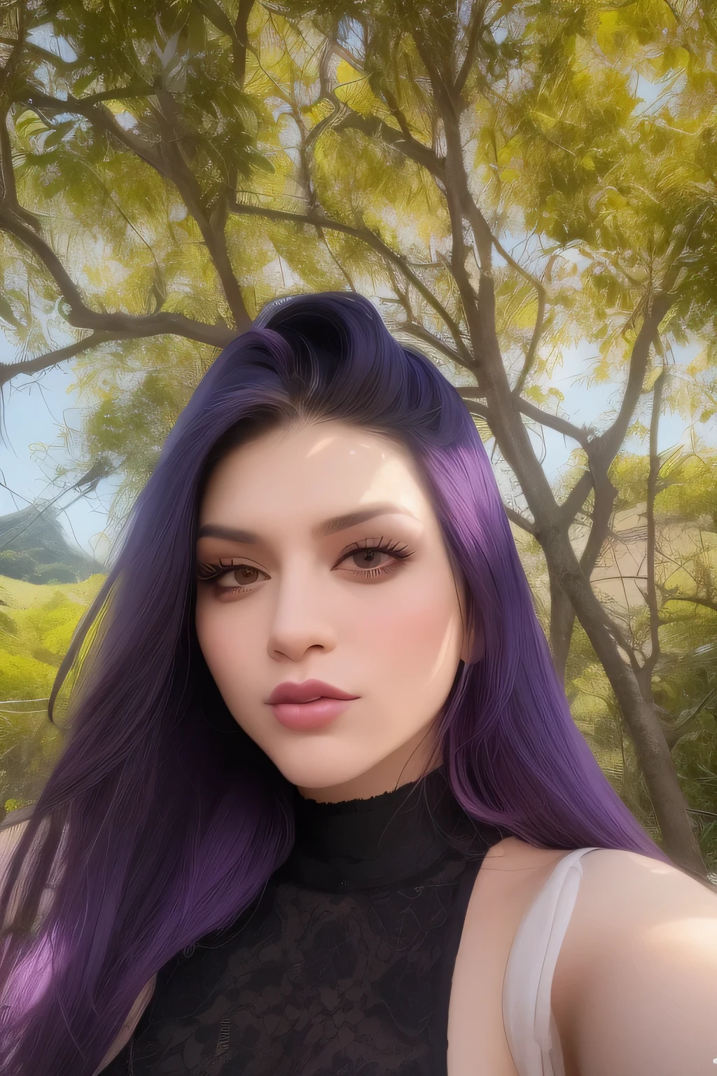 um close up de uma mulher com longos cabelos pretos usando um top roxo, violeta myers, Alanis Guillen, ela tem cerca de 1 6 anos de idade, imagem frontal, Julia Fontes, ela tem cerca de 20 anos, selfie de uma jovem, lorena avarez, mulher nova com cabelo escuro longo, com cabelo preto liso